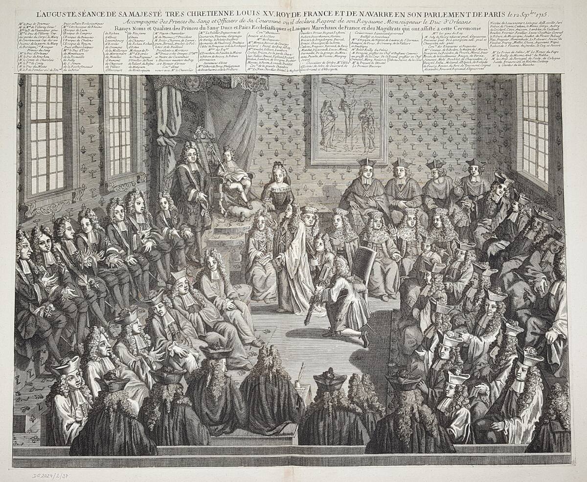 Anonym, Erste Sitzung des Parlaments in Paris unter Vorsitz des jungen Königs Ludwig XV. von Frankreich und des Regenten Philipp II. Herzog von Orléans am 12. September 1715