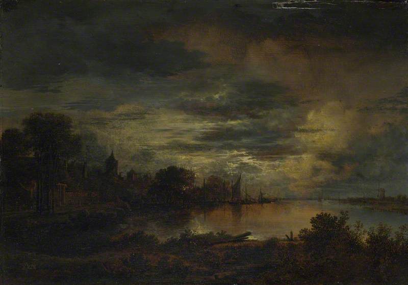 Aert van der Neer, A Village by a River in Moonlight