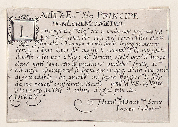 Anonymous, Copy of Dedication to Lorenzo de'Medici, from "Les Caprices" Series A, The Florence Set