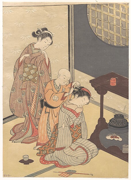 Suzuki Harunobu, Night Rain at the Double-Shelf Stand, from the series Eight Parlor Views (Zashiki hakkei)