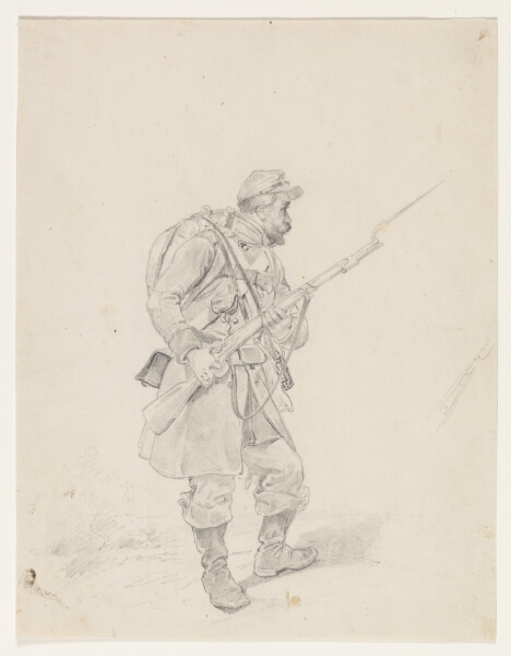 Niels Simonsen, En soldat med fældet bajonet. Profil t.h.