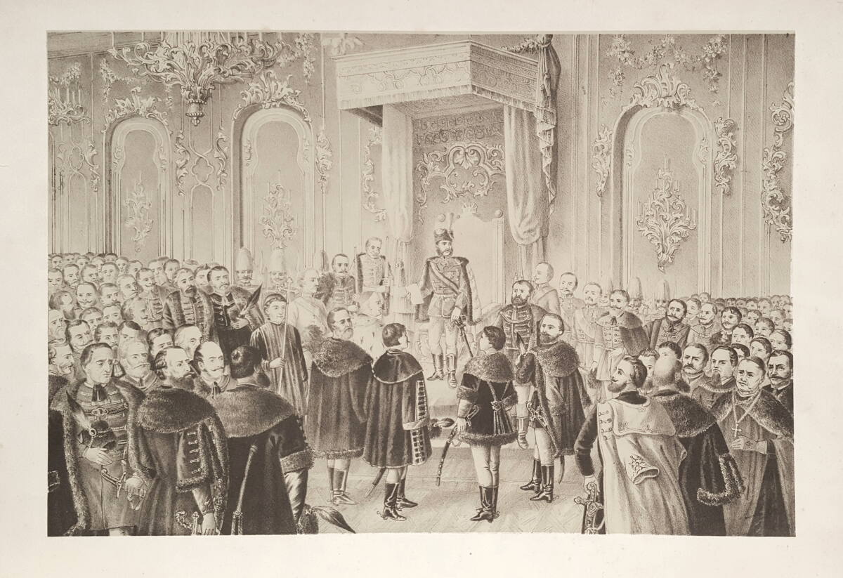 Anonym, Kaiser Franz Joseph I. von Österreich bei der Thronrede (zur Eröffnung des ungarischen Landtages 1865?) in der Ofener Burg (Budapest)