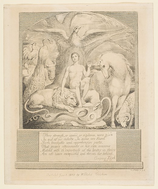 William Blake, Adam and the Beasts, Frontispiece to Hayley's "Ballads"