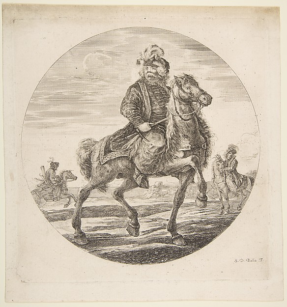 Stefano della Bella, Hungarian horseman riding towards the right, other horsemen in the background, a circular composition from 'Figures on Horseback' (Cavaliers nègres, polonais et hongrois)