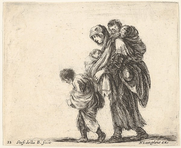 Stefano della Bella, Plate 22: a beggar woman with three children, one child on her shoulders, one child in her arms, and one child who walks in front of her to left, from "Diversi Capricci"