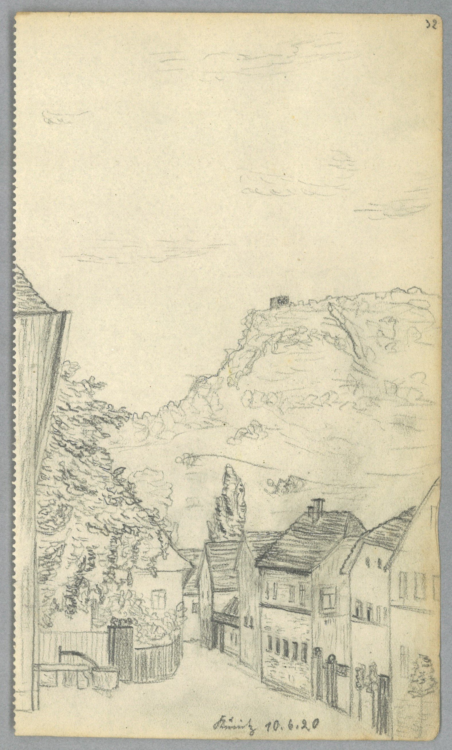 Margarete Wendel, Jena-Kunitz (Thüringen): Dorfstraße mit Ruine Kunitzburg