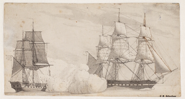 C.W. Eckersberg, To orlogsskibe i kamp (den engelske fregat Shannon og den amerikanske fregat Chesapeak?)