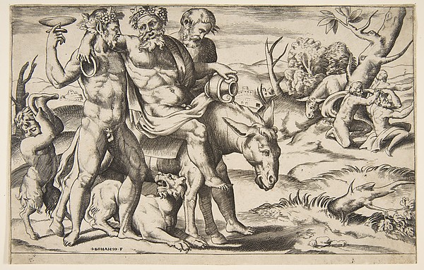 Giulio Bonasone, A drunken Silenus riding an ass being supported by satyrs