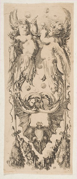Stefano della Bella, Two Winged Children with Bodies Turning into Ornament Blowing Bubbles