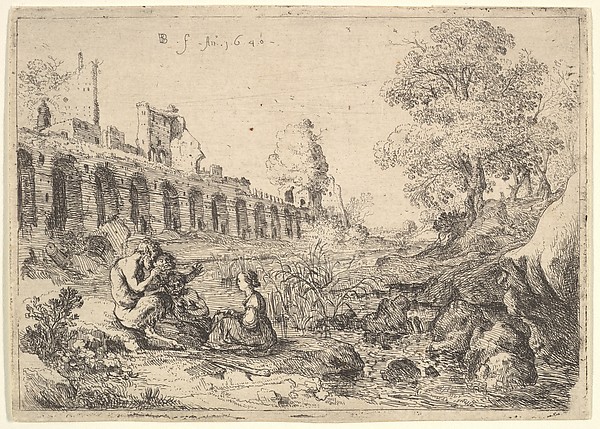 Bartholomeus Breenbergh, Corsica seated before satyrs on the bank of a river, from a pair of plates for Battista Guarini's "Il Pastor fido"