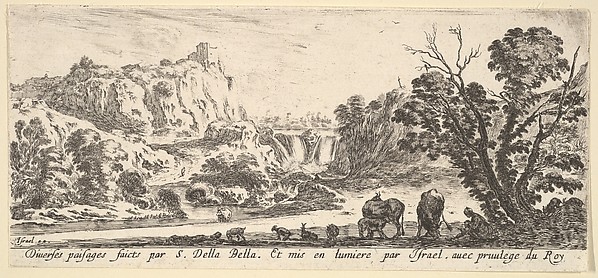 Stefano della Bella, A waterfall descending from the mountains in the center background, various animals and a woman and child beneath a tree in the foreground, from "Various Landscapes" (Divers Paysages)