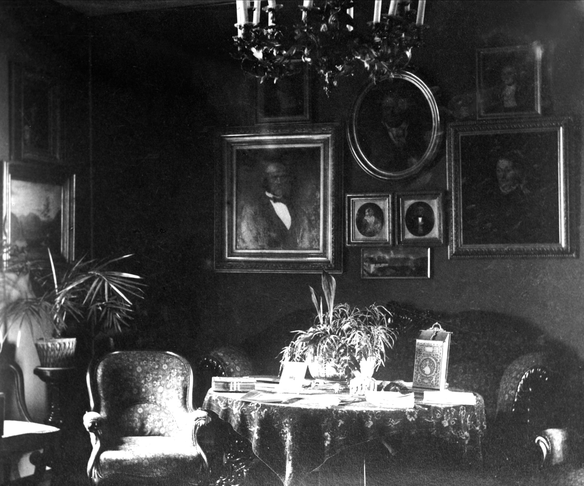 Gustav Borgen, Avfotografering. Stueinteriør, møbler, malerier og grønne planter.