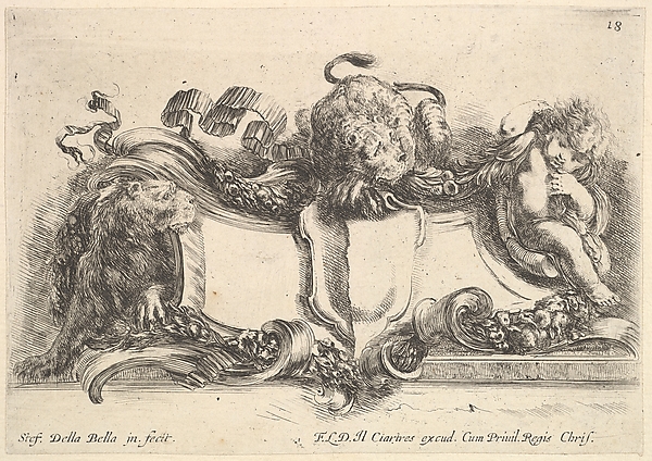 Stefano della Bella, Plate 18: A cartouche containing an empty crest, two lionesses, one to left and one in center, an infant to right, from "Collection of various caprices and new inventions of cards and ornaments" (Raccolta di varii cappriccii et nove inventioni di cartelle et ornamenti)