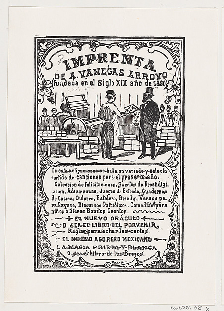 José Guadalupe Posada, A print shop with a printer handing something to a gentleman, from the broadside 'Imprenta de A. Vanegas Arroyo'