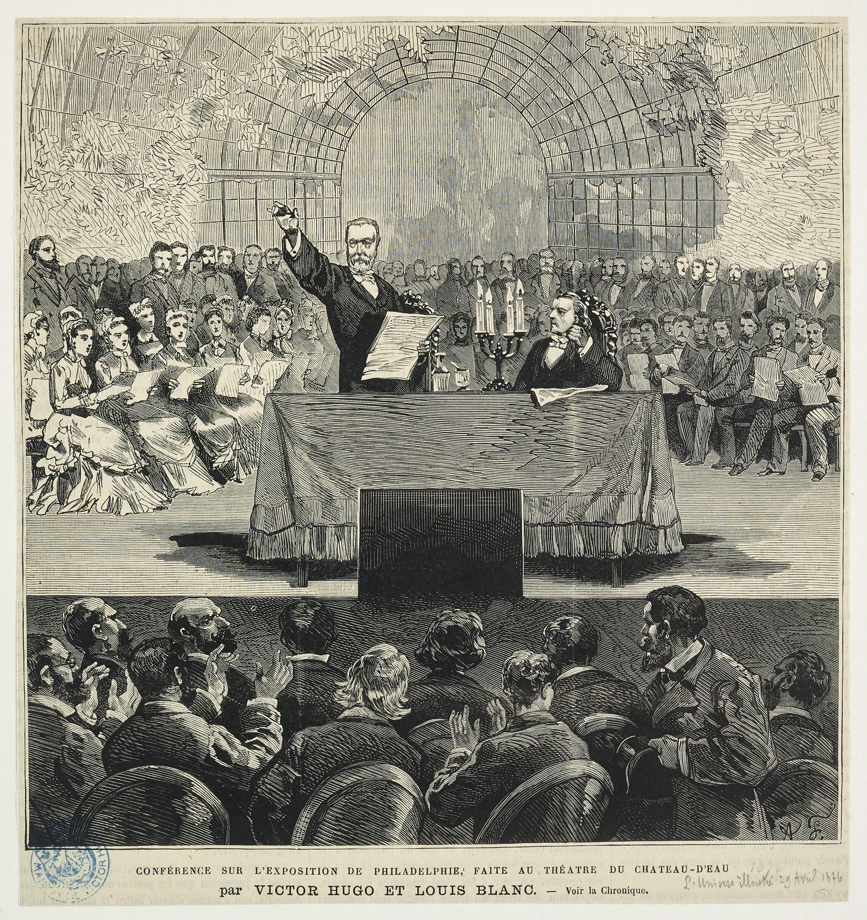Inconnu, Conférence sur l'exposition de Philadelphie, faite au théâtre du Château d'eau par Victor Hugo et Louis Blanc.