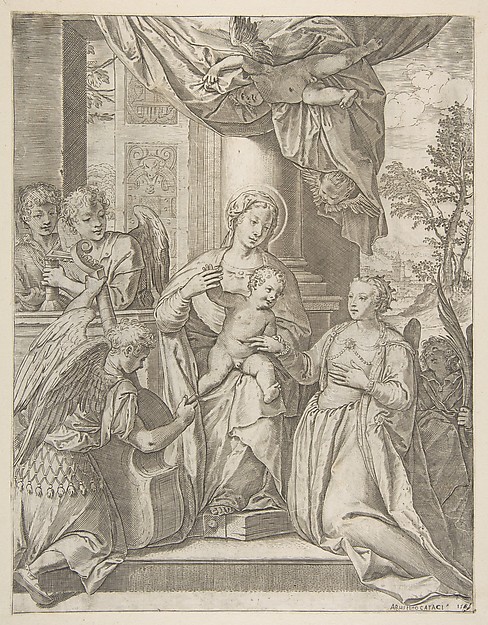 Agostino Carracci, The mystic marriage of Saint Catherine who sits at center with the Christ child, angels with instruments at the left
