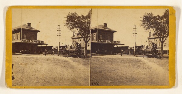 Edward and Henry T. Anthony & Co., Bridgeport Depot, West Side, and Adams' Express Office. [View on the line of the New York and New Haven Rail Road]