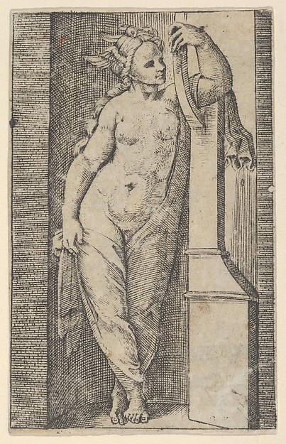 Marcantonio Raimondi, Woman with a winged head standing in a niche
