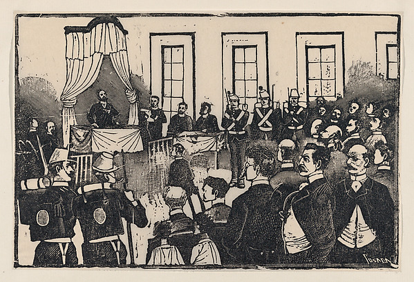 José Guadalupe Posada, The trial of the killers of Tomas Hernandez Aguirre, from a broadside entitled 'El jurado de los asesinos del Sr. Tomás Hernábdez Aguirre. Defensa de los reos. La sentencia. Actitud de los criminales'