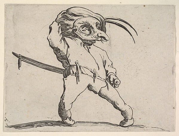 Jacques Callot, Masked, small male figure with right hand grasping hat and left hand grasping sword hilt, from "Varie Figure Gobbi"