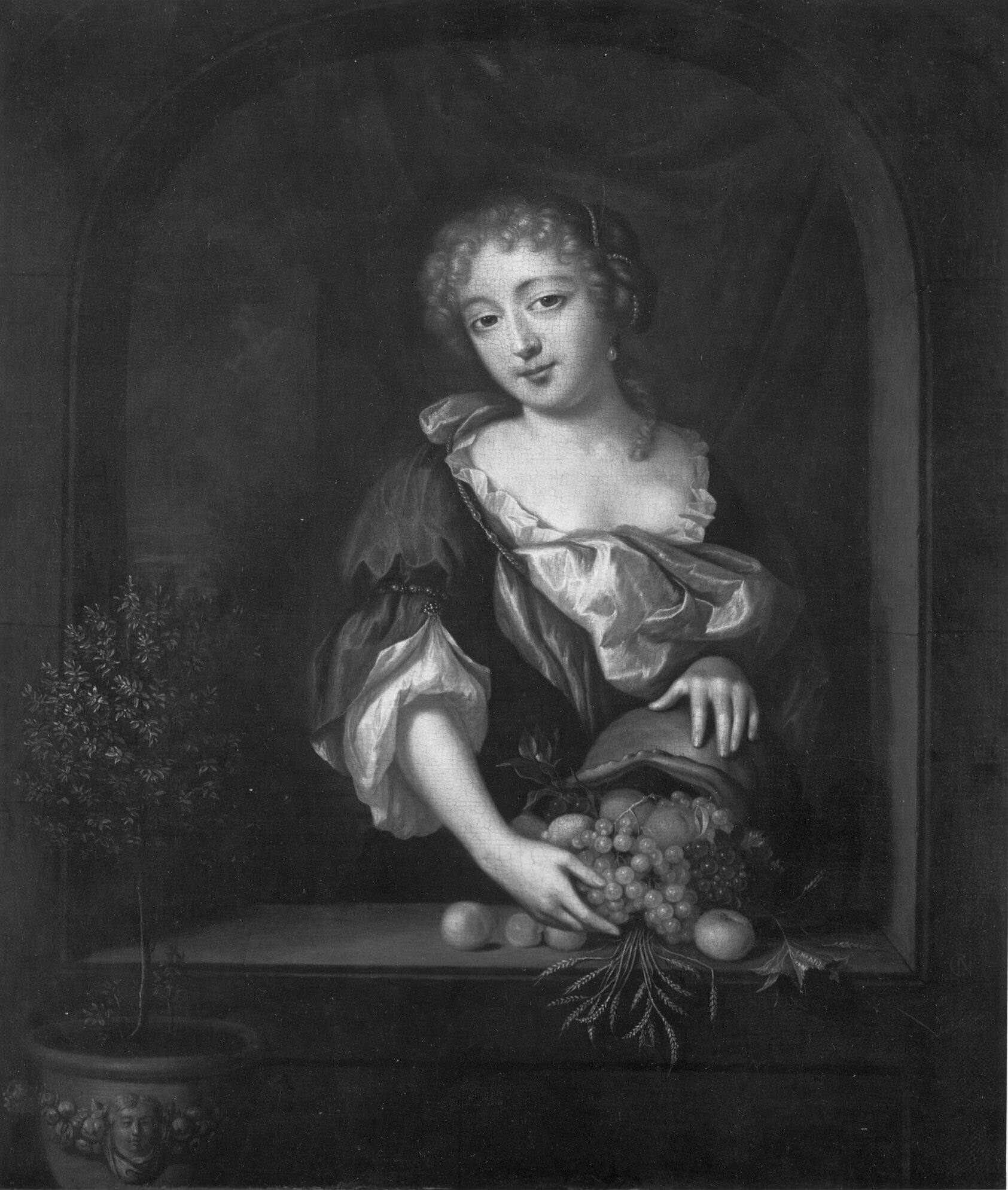 Caspar Netscher, Woman at window with fruits