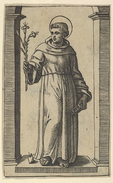 Marcantonio Raimondi, Saint Anthony of Padua standing, lillies in his raised right hand, a book in his left, from "Piccoli Santi" (Small Saints)