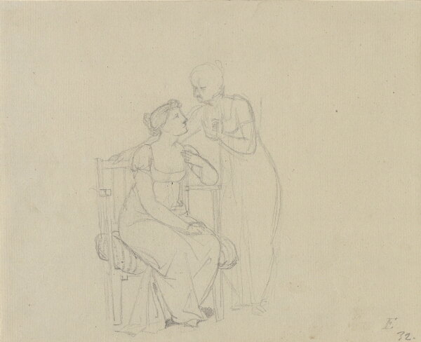 C.W. Eckersberg, To damer der taler sammen, den ene sidder i en lænestol, den anden står bøjet over hende.