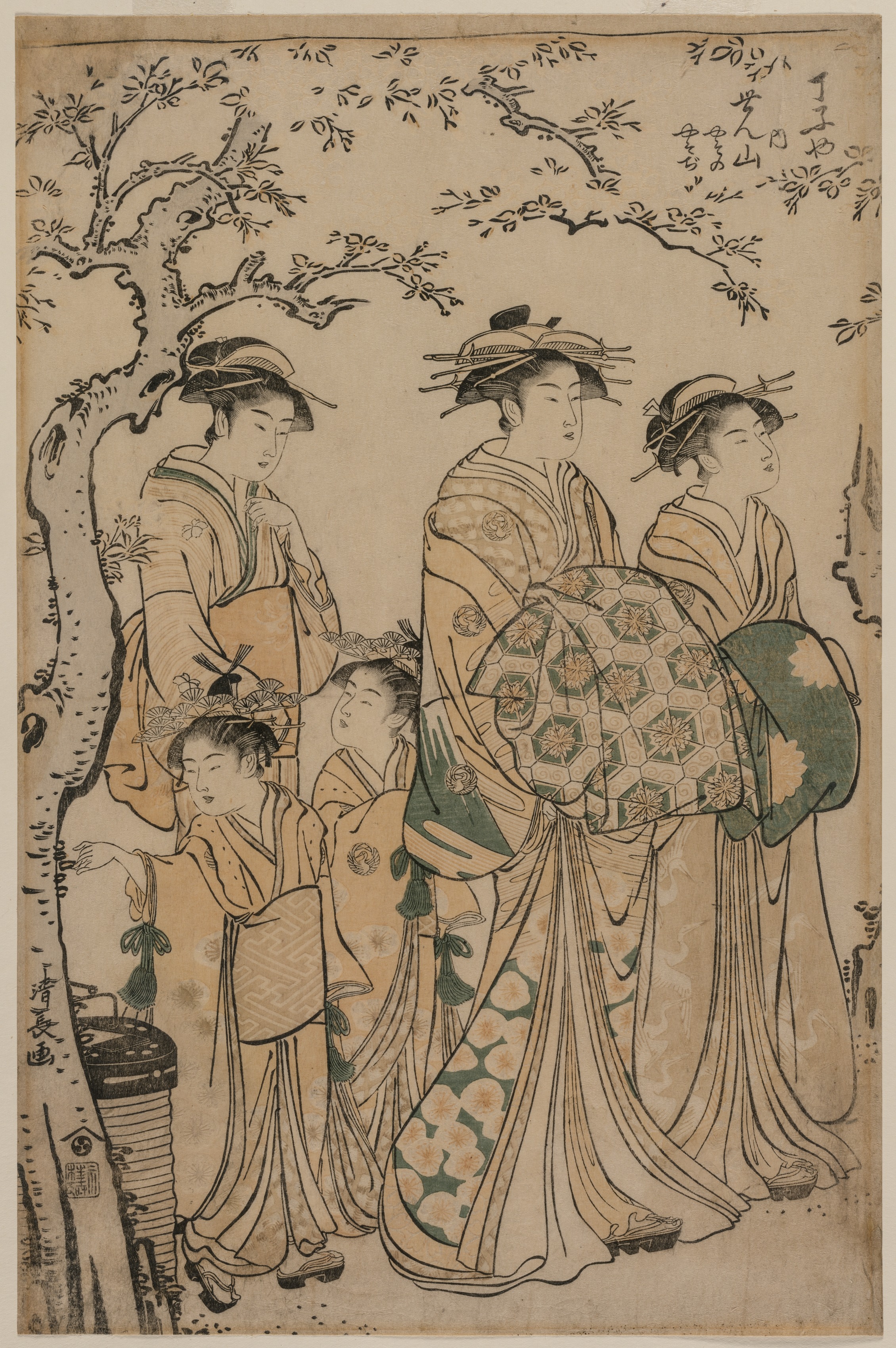 Torii Kiyonaga, The Courtesan Senzan of Chojiya Strolling with her Kamuro Yasono and Yasoji and Two Shinzo