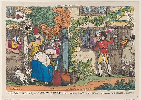 Thomas Rowlandson, Dying for Love, or Captain Careless, Shot Flying by a Girl of Fifteen who Unexpectedly Popped Her Head out of a Casement