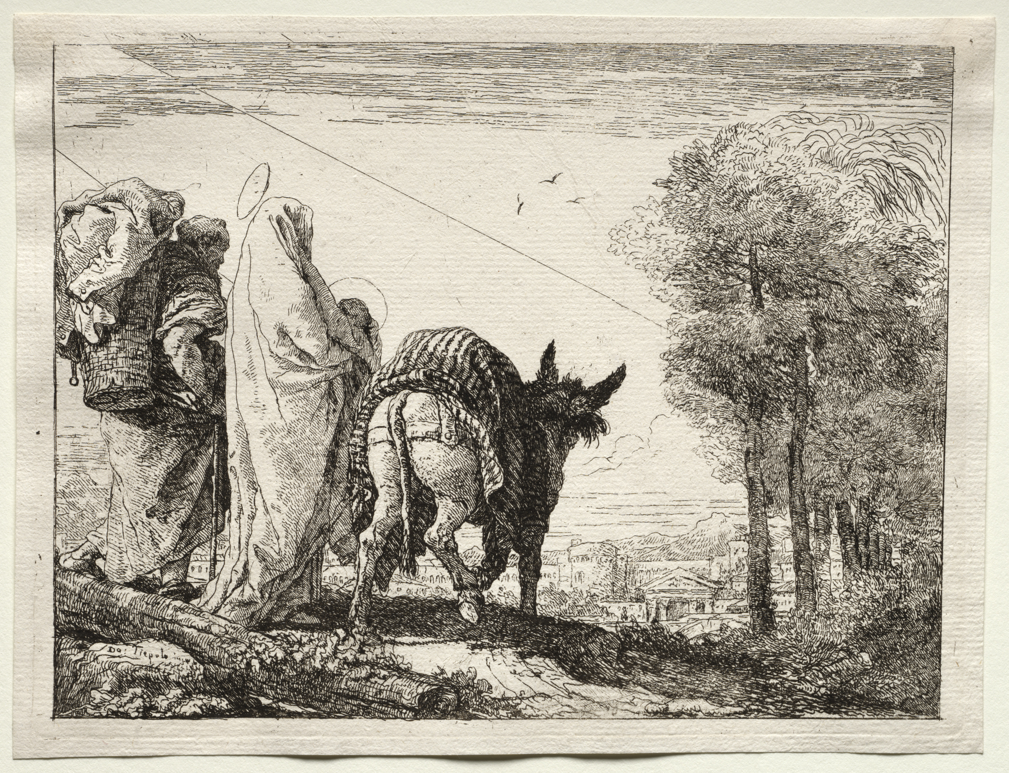 Giovanni Domenico Tiepolo, Flight into Egypt:  The Holy Family Approaching a Village