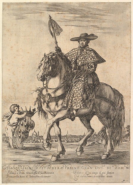 Stefano della Bella, Bernardino Ricci, called il Tedeschino, atop a horse in center, riding towards the left, wearing a long robe, a cape, and a hat, holding a staff in his right hand, a putto holding the Medici coat of arms at bottom left, Florence in the background