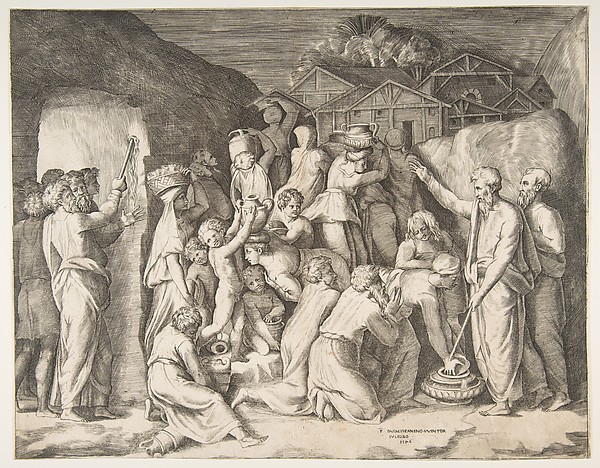 Giulio Bonasone, Moses at right telling the Israelites to gather the manna and at left Moses striking the rock