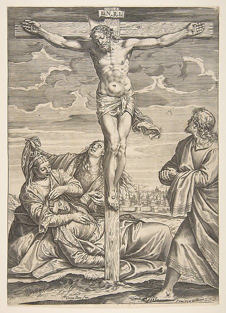 Agostino Carracci, Christ on the cross, Saint John to the right looking toward him, to the left is the fainting Virgin Mary supported by two women
