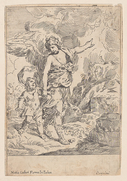 Giulio Carpioni, A guardian angel walking hand in hand with a young child