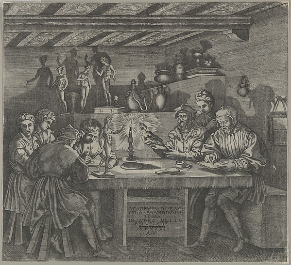 Agostino Veneziano (Agostino dei Musi), Baccio Bandinelli in his studio holding a statuette of Venus, students sketching from a model by candlelight