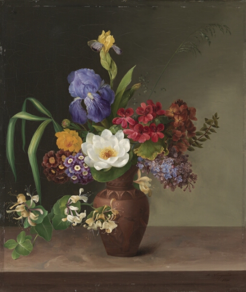 Hermania Neergaard, Vase i græsk stil med iris, syren og kaprifolium