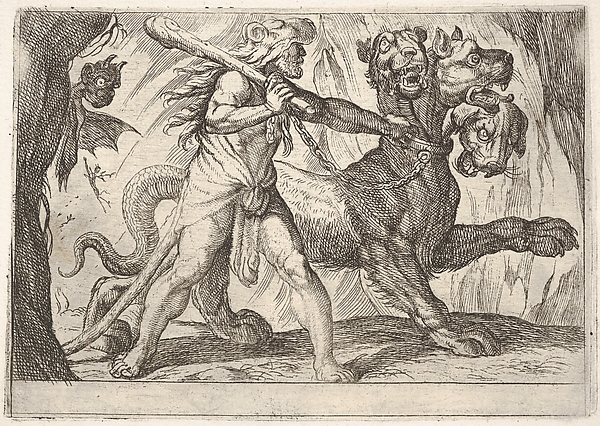 Antonio Tempesta, Hercules and Cerberus: Hercules grasps the collar of Cerberus, two demons appear at left, from "The Labors of Hercules"