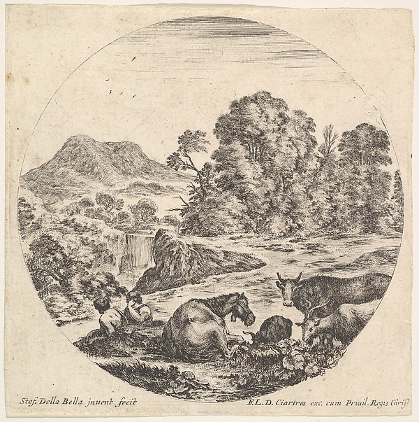 Stefano della Bella, Plate 10: a horse lying down, a cow and two goats, two seated shepherds, a waterfall and a mountain in the background, from "Roman landscapes and ruins" (Paysages et ruines de Rome)