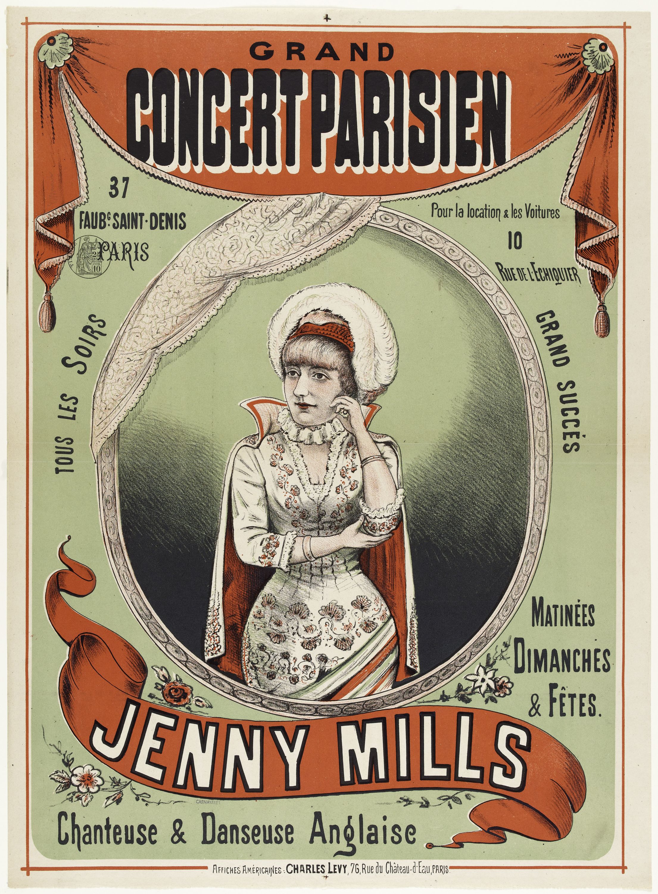 Anonyme, GRAND/ CONCERT PARISIEN/ 37/ FAUBG SAINT-DENIS/ PARIS/ Pour la location & les Voitures/ 10/ RUE DE L'ECHIQUIER/ TOUS LES SOIRS/ GRAND SUCCES/ MATINEES/ DIMANCHES/ & FÊTES/ JENNY MILLS/ Chanteuse & Danseuse Anglaise