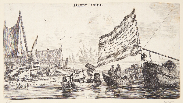Reinier Zeeman, En landingsplads med fiskernet og kanoner. Titelblad til "Forskellige skibe og udsigter fra Amsterdam (III)"
