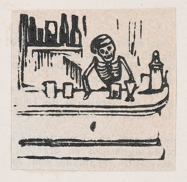 José Guadalupe Posada, A skeleton serving alcohol, from a broadside enitled 'Medicinas de Patente de mas Fama'