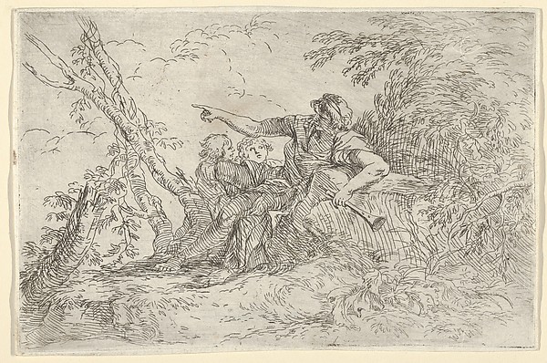 Salvator Rosa, Shepherd holding a flute and two other figures in a landscape