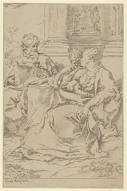 Guido Reni, The Holy Family seated together in front of a collonade, Saint Joseph reading and the young Christ grasping the Virgin's drapery