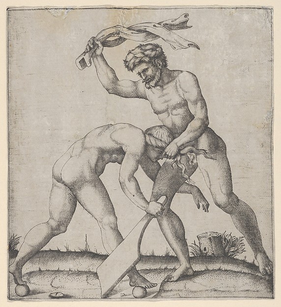 Marcantonio Raimondi, A naked man holding Fortune by the hair and whipping her