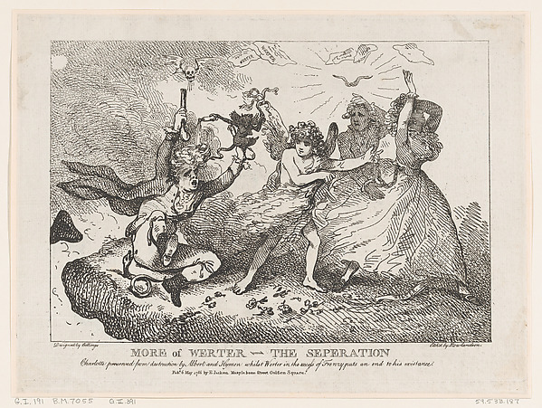 Thomas Rowlandson, More of Werther–The Separation: Charlotte Preserved from Destruction by Albert and Hymen, whilst Werther in an access of frenzy puts and end to his existence