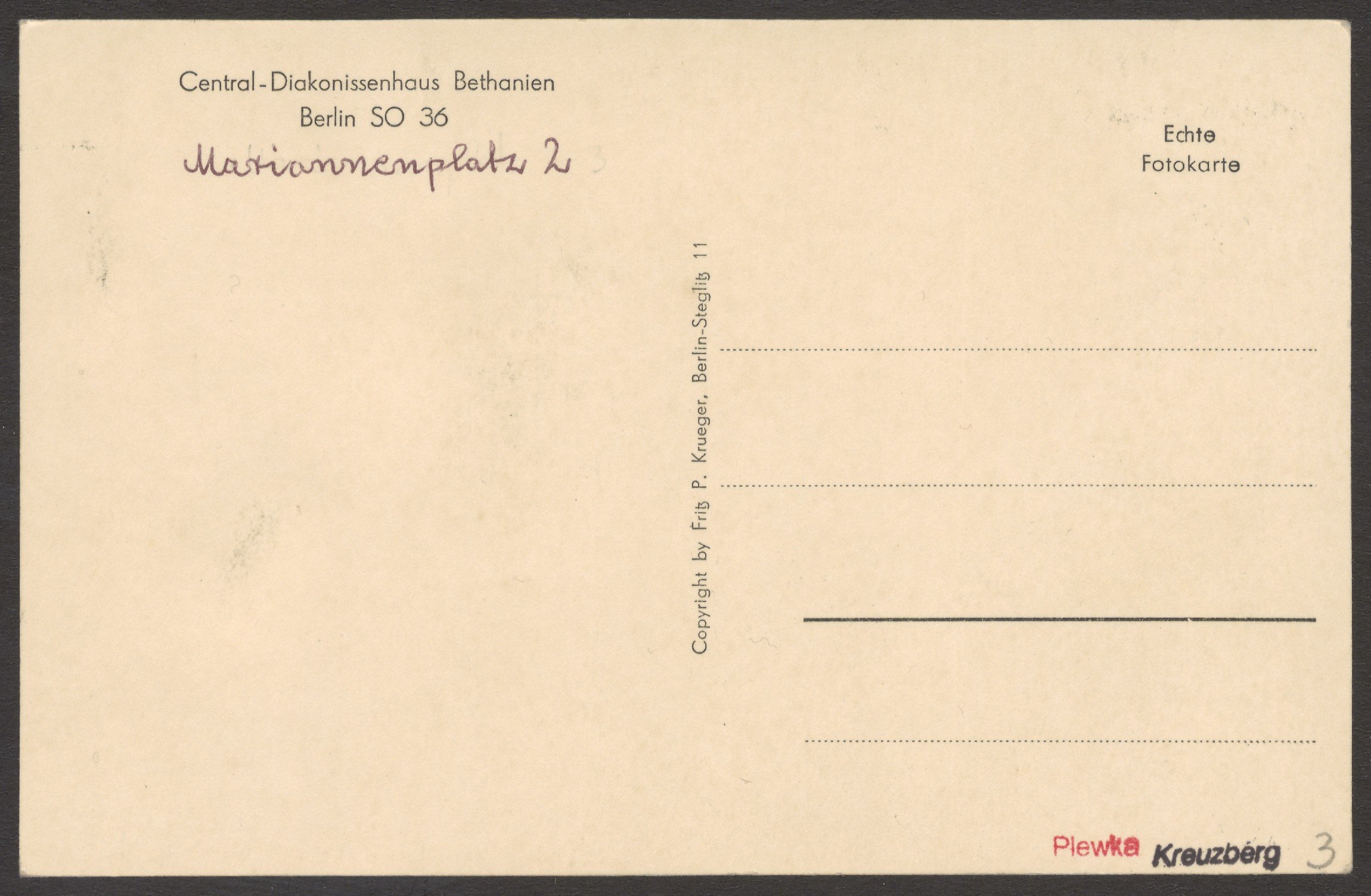 Fritz P. Krueger (Fotoatelier), Ansichtskarte Kirche des "Central-Diakonissenhaus Bethanien", Mariannenplatz