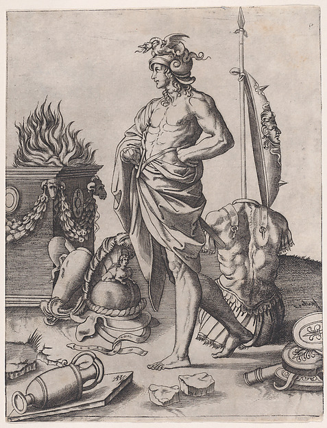 Agostino Veneziano (Agostino dei Musi), A Young Warrior Standing by an Altar, after Raphael
