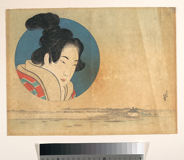 Katsushika Hokusai, Portrait of a Woman in Large Circle with Landscape Below