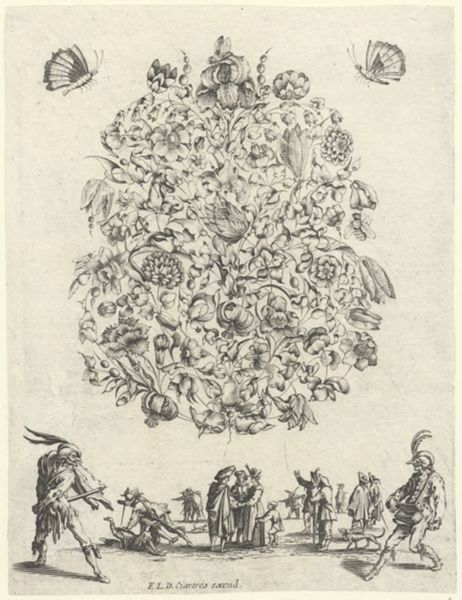 Moncornet, Balthasar, (approximately 1600-1668), (printmaker), Bouquets for gold- and silversmiths: Bouquet with flowers and butterflies above fighting figures