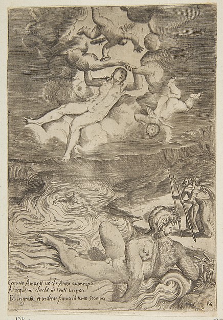 Giulio Bonasone, Venus tumbling with putti in the clouds, from "The Loves of the Gods"